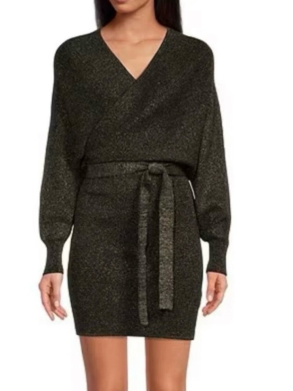Gianni Bini Alston Metallic Sweater Dress Black Womens M Stretch Tie Waist
